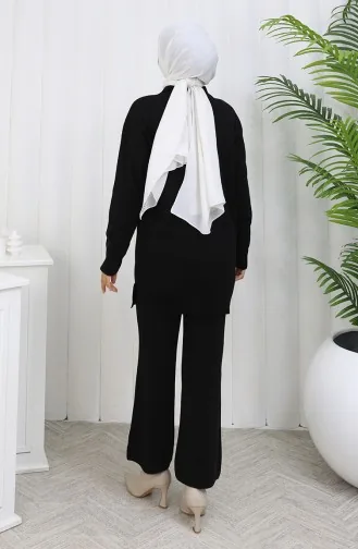 Ensemble Deux Pièces En Tricot Tunique Et Pantalon à Détails Floraux 1037-06 Noir 1037-06