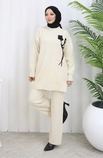 Gebreide Bloemen Tuniek Broek Tweedelig Set 1037-07 Beige 1037-07