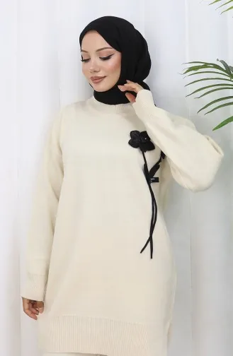 طقم تونيك وبنطلون محبوك بتفاصيل زهور من قطعتين 1037-07 بيج 1037-07