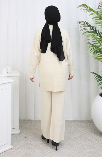 Gebreide Bloemen Tuniek Broek Tweedelig Set 1037-07 Beige 1037-07