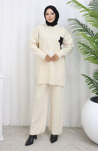 Gebreide Bloemen Tuniek Broek Tweedelig Set 1077-01 Beige 1077-01