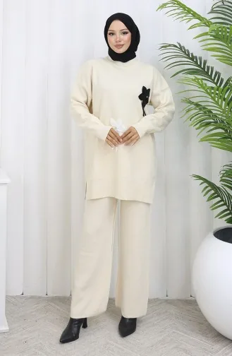 Triko Çiçekli Tunik Pantolon İkili Takım 1077-01 Bej