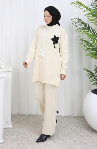 Gebreide Bloemen Tuniek Broek Tweedelig Set 1077-01 Beige 1077-01