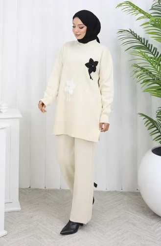 Triko Çiçekli Tunik Pantolon İkili Takım 1077-01 Bej