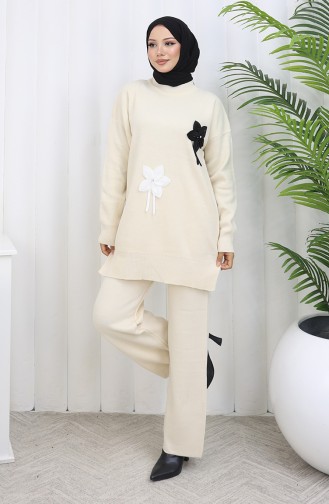 Gebreide Bloemen Tuniek Broek Tweedelig Set 1077-01 Beige 1077-01
