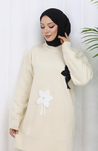 Gebreide Bloemen Tuniek Broek Tweedelig Set 1077-01 Beige 1077-01