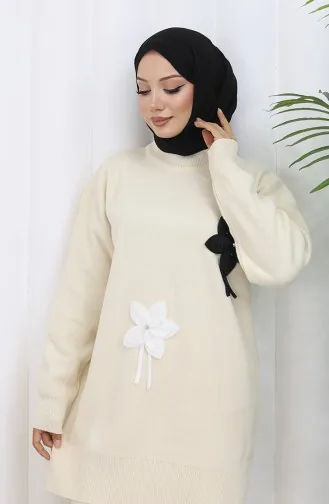 Triko Çiçekli Tunik Pantolon İkili Takım 1077-01 Bej