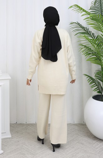 Gebreide Bloemen Tuniek Broek Tweedelig Set 1077-01 Beige 1077-01