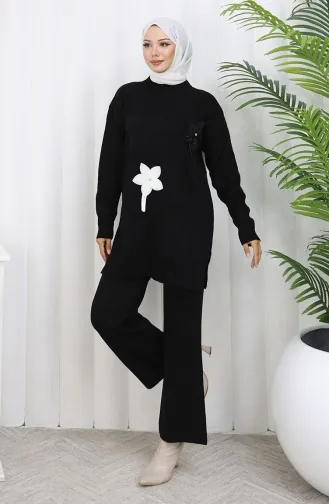 طقم تونيك وبنطلون محبوك مزهر من قطعتين 1077-02 أسود 1077-02