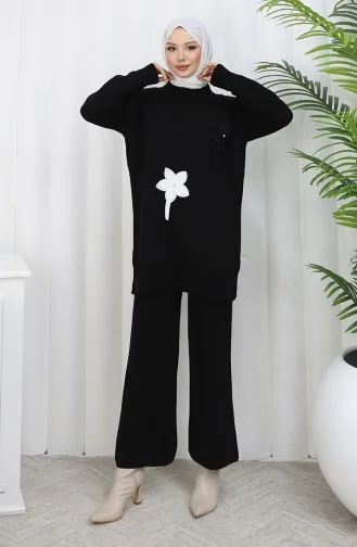 طقم تونيك وبنطلون محبوك مزهر من قطعتين 1077-02 أسود 1077-02