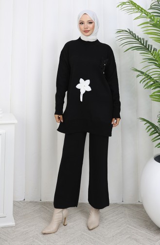 Gebreide Bloemen Tuniek Broek Tweedelig Set 1077-02 Zwart 1077-02
