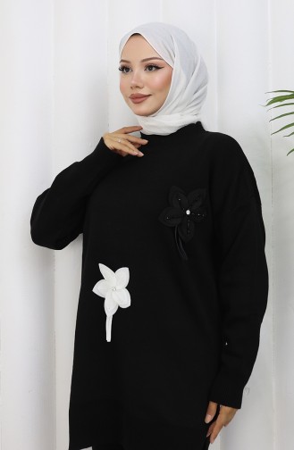 Gebreide Bloemen Tuniek Broek Tweedelig Set 1077-02 Zwart 1077-02