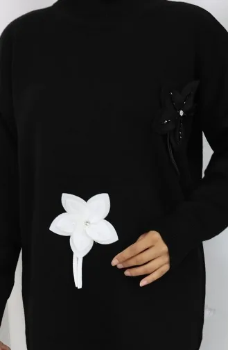 طقم تونيك وبنطلون محبوك مزهر من قطعتين 1077-02 أسود 1077-02