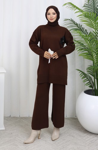 Gebreide Bloemen Tuniek Broek Tweedelig Set 1077-03 Bruin 1077-03