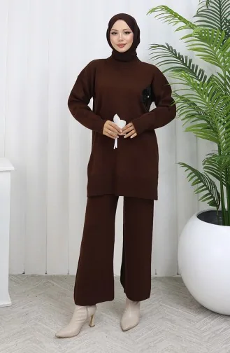 Ensemble Deux Pièces En Tricot Tunique Florale Et Pantalon 1077-03 Marron 1077-03