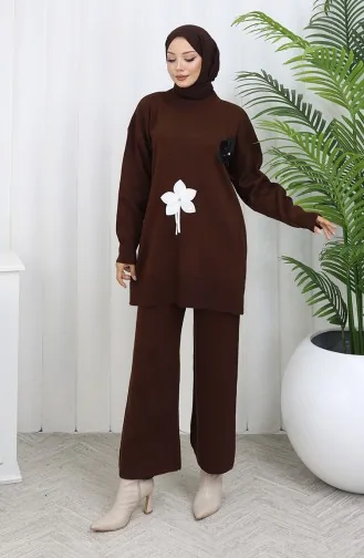 Ensemble Deux Pièces En Tricot Tunique Florale Et Pantalon 1077-03 Marron 1077-03