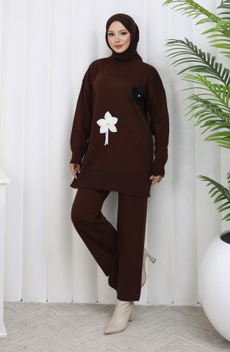 Gebreide Bloemen Tuniek Broek Tweedelig Set 1077-03 Bruin 1077-03
