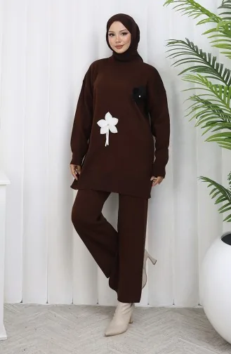 Ensemble Deux Pièces En Tricot Tunique Florale Et Pantalon 1077-03 Marron 1077-03