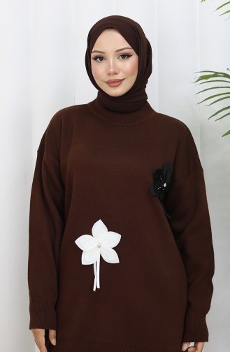 Gebreide Bloemen Tuniek Broek Tweedelig Set 1077-03 Bruin 1077-03