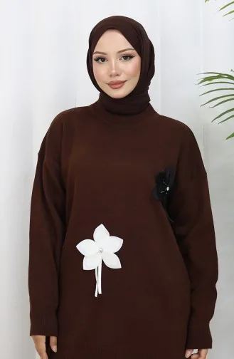 Ensemble Deux Pièces En Tricot Tunique Florale Et Pantalon 1077-03 Marron 1077-03