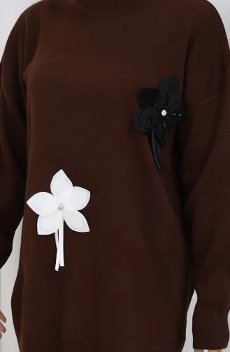 Ensemble Deux Pièces En Tricot Tunique Florale Et Pantalon 1077-03 Marron 1077-03