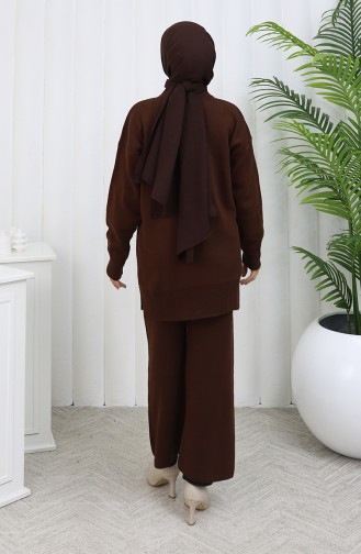 Gebreide Bloemen Tuniek Broek Tweedelig Set 1077-03 Bruin 1077-03