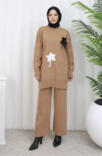 Ensemble Deux Pièces En Tricot Tunique Florale Et Pantalon 1077-05 Café Au Lait 1077-05