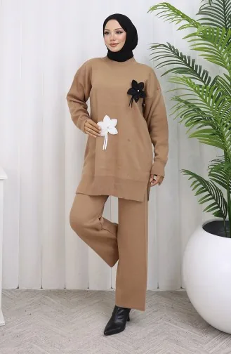 Ensemble Deux Pièces En Tricot Tunique Florale Et Pantalon 1077-05 Café Au Lait 1077-05