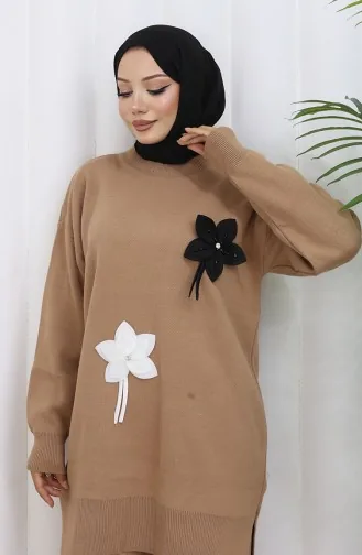 Ensemble Deux Pièces En Tricot Tunique Florale Et Pantalon 1077-05 Café Au Lait 1077-05