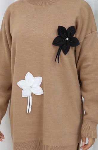 Gebreide Bloemen Tuniek Broek Tweedelig Set 1077-05 Melk Koffie 1077-05