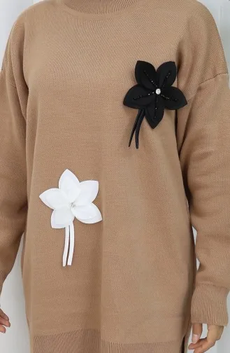 Ensemble Deux Pièces En Tricot Tunique Florale Et Pantalon 1077-05 Café Au Lait 1077-05