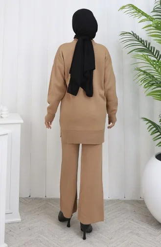 Ensemble Deux Pièces En Tricot Tunique Florale Et Pantalon 1077-05 Café Au Lait 1077-05