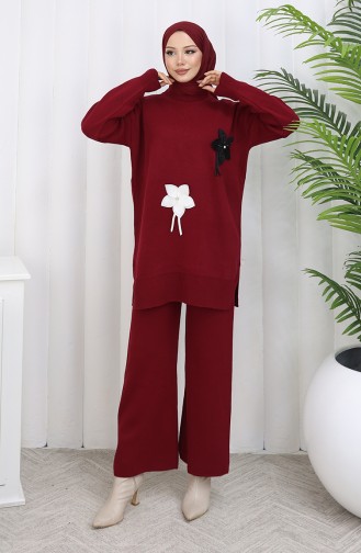 Gebreide Bloemen Tuniek Broek Tweedelig Set 1077-06 Bordeauxrood 1077-06