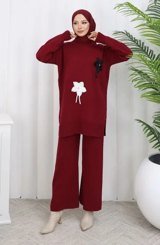 طقم تونيك وبنطلون محبوك مزهر من قطعتين، لون أحمر قرمزي، 1077-06 1077-06
