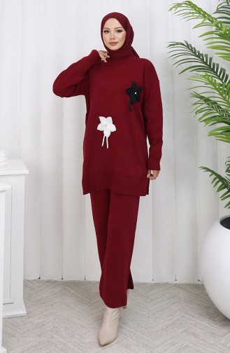 Gebreide Bloemen Tuniek Broek Tweedelig Set 1077-06 Bordeauxrood 1077-06