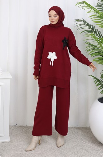 Gebreide Bloemen Tuniek Broek Tweedelig Set 1077-06 Bordeauxrood 1077-06