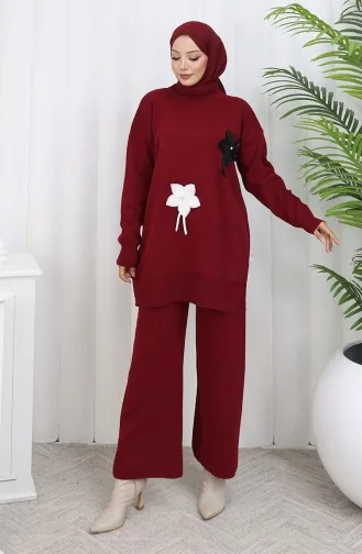 طقم تونيك وبنطلون محبوك مزهر من قطعتين، لون أحمر قرمزي، 1077-06 1077-06