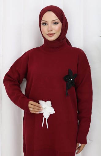 Gebreide Bloemen Tuniek Broek Tweedelig Set 1077-06 Bordeauxrood 1077-06