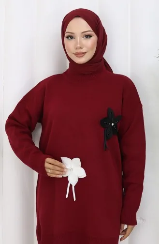 طقم تونيك وبنطلون محبوك مزهر من قطعتين، لون أحمر قرمزي، 1077-06 1077-06