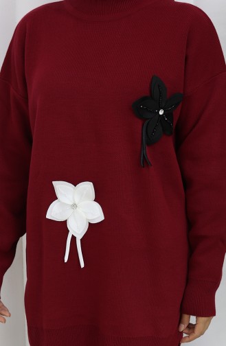 Gebreide Bloemen Tuniek Broek Tweedelig Set 1077-06 Bordeauxrood 1077-06