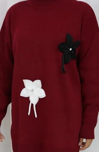 طقم تونيك وبنطلون محبوك مزهر من قطعتين، لون أحمر قرمزي، 1077-06 1077-06