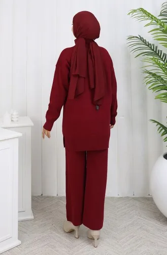 طقم تونيك وبنطلون محبوك مزهر من قطعتين، لون أحمر قرمزي، 1077-06 1077-06