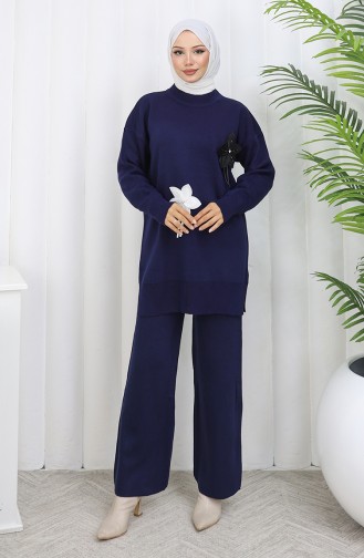 Ensemble Deux Pièces En Tricot Tunique Florale Et Pantalon 1077-08 Bleu Marine 1077-08