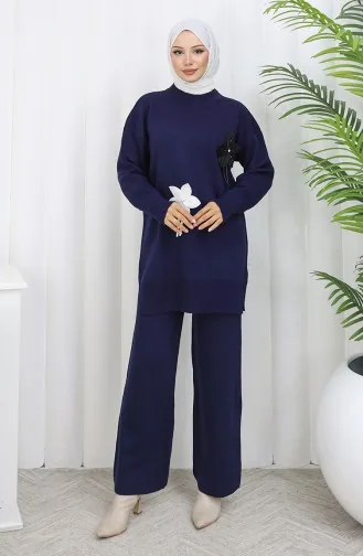 طقم تونيك وبنطلون محبوك مزهر من قطعتين 1077-08 أزرق داكن 1077-08