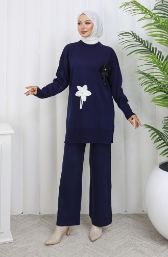 Ensemble Deux Pièces En Tricot Tunique Florale Et Pantalon 1077-08 Bleu Marine 1077-08