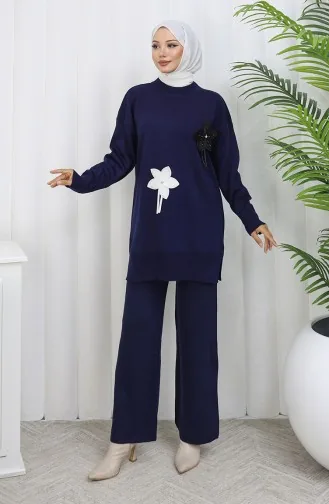 طقم تونيك وبنطلون محبوك مزهر من قطعتين 1077-08 أزرق داكن 1077-08