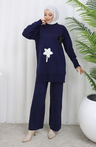 Ensemble Deux Pièces En Tricot Tunique Florale Et Pantalon 1077-08 Bleu Marine 1077-08