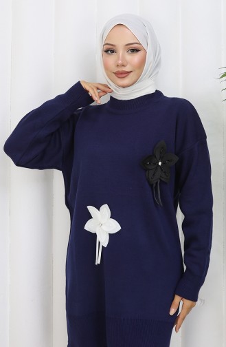 Ensemble Deux Pièces En Tricot Tunique Florale Et Pantalon 1077-08 Bleu Marine 1077-08