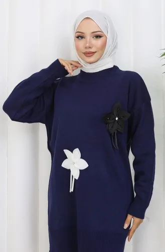 طقم تونيك وبنطلون محبوك مزهر من قطعتين 1077-08 أزرق داكن 1077-08