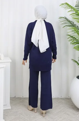 طقم تونيك وبنطلون محبوك مزهر من قطعتين 1077-08 أزرق داكن 1077-08